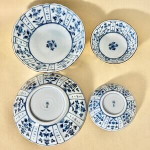 Japanese Tachikichi Blue White Mino Ware Porcelain Bowl Set, 2 Medium + 2 Small